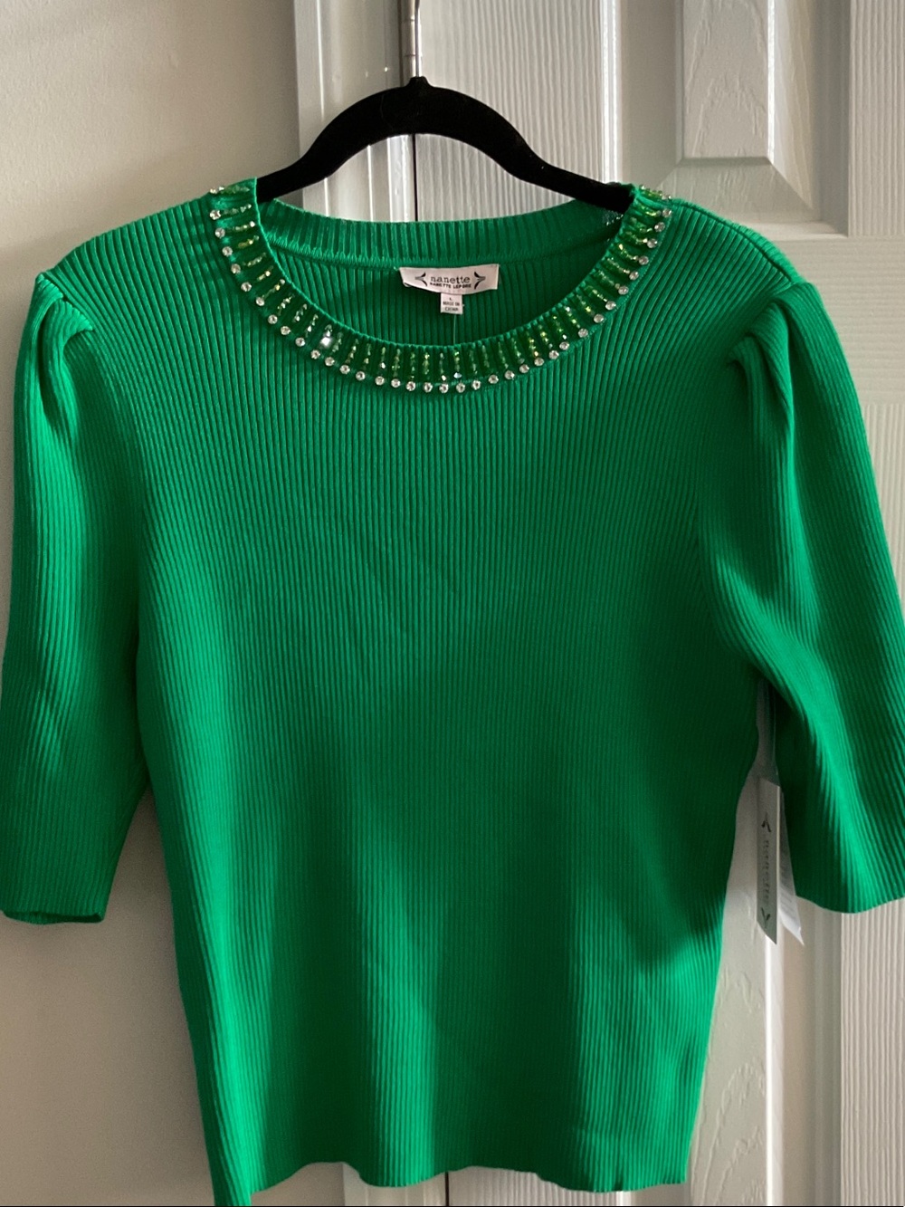 Nanette Lepore Emerald Ribbed Jewel-Neck Top, NWT, L